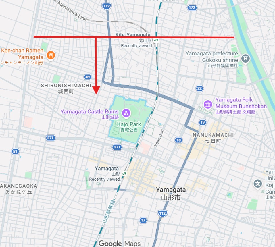 藏王接駁範圍地圖（最遠不超過北山形車站）